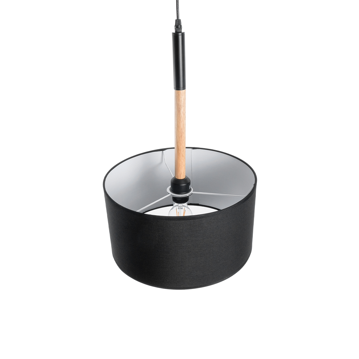 GloboStar® BRONX 01517 Μοντέρνο Κρεμαστό Φωτιστικό Καπέλο Μονόφωτο 1 x E27 IP20 Μαύρο Ύφασμα με Μπεζ Ξύλο - Μ35 x Π35 x Υ50cm