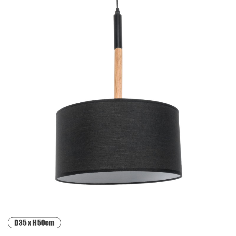 GloboStar® BRONX 01517 Μοντέρνο Κρεμαστό Φωτιστικό Καπέλο Μονόφωτο 1 x E27 IP20 Μαύρο Ύφασμα με Μπεζ Ξύλο - Μ35 x Π35 x Υ50cm