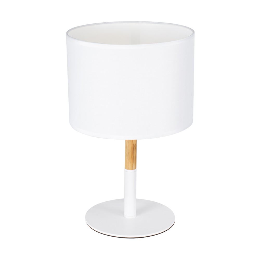 GloboStar® BRONX 01520 Μοντέρνο Επιτραπέζιο Φωτιστικό Πορτατίφ Μονόφωτο 1 x E27 IP20 Λευκό Μέταλλο, Μπεζ Ξύλο με Λευκό Ύφασμα - Μ25 x Π25 x Υ40cm