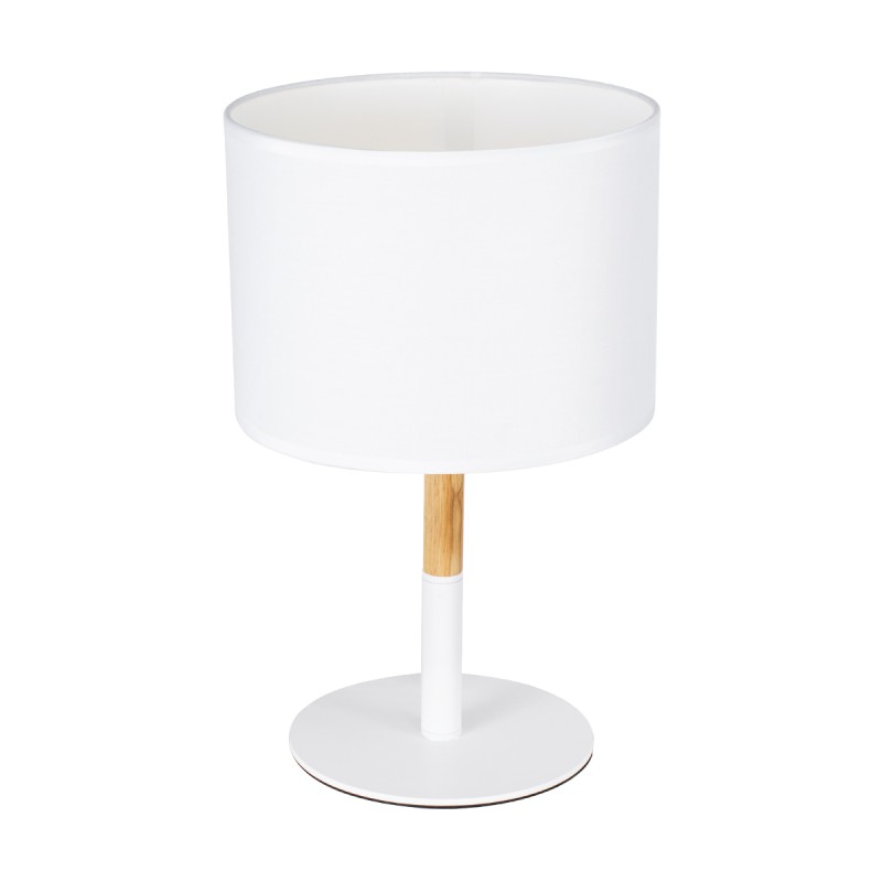 GloboStar® BRONX 01520 Μοντέρνο Επιτραπέζιο Φωτιστικό Πορτατίφ Μονόφωτο 1 x E27 IP20 Λευκό Μέταλλο, Μπεζ Ξύλο με Λευκό Ύφασμα - Μ25 x Π25 x Υ40cm