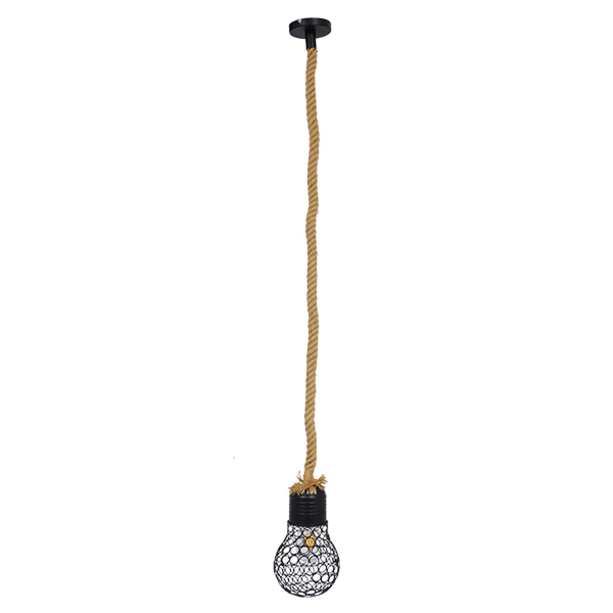 GloboStar® URBAN 01521 Vintage Κρεμαστό Φωτιστικό Πλέγμα Μονόφωτο 1 x E27 IP20 Μαύρο Μέταλλο με Μπεζ Σχοινί - Μ15 x Π15 x Υ25cm