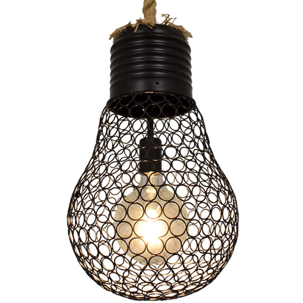 GloboStar® URBAN 01522 Vintage Κρεμαστό Φωτιστικό Πλέγμα Μονόφωτο 1 x E27 IP20 Μαύρο Μέταλλο με Μπεζ Σχοινί - Μ28 x Π28 x Υ40cm