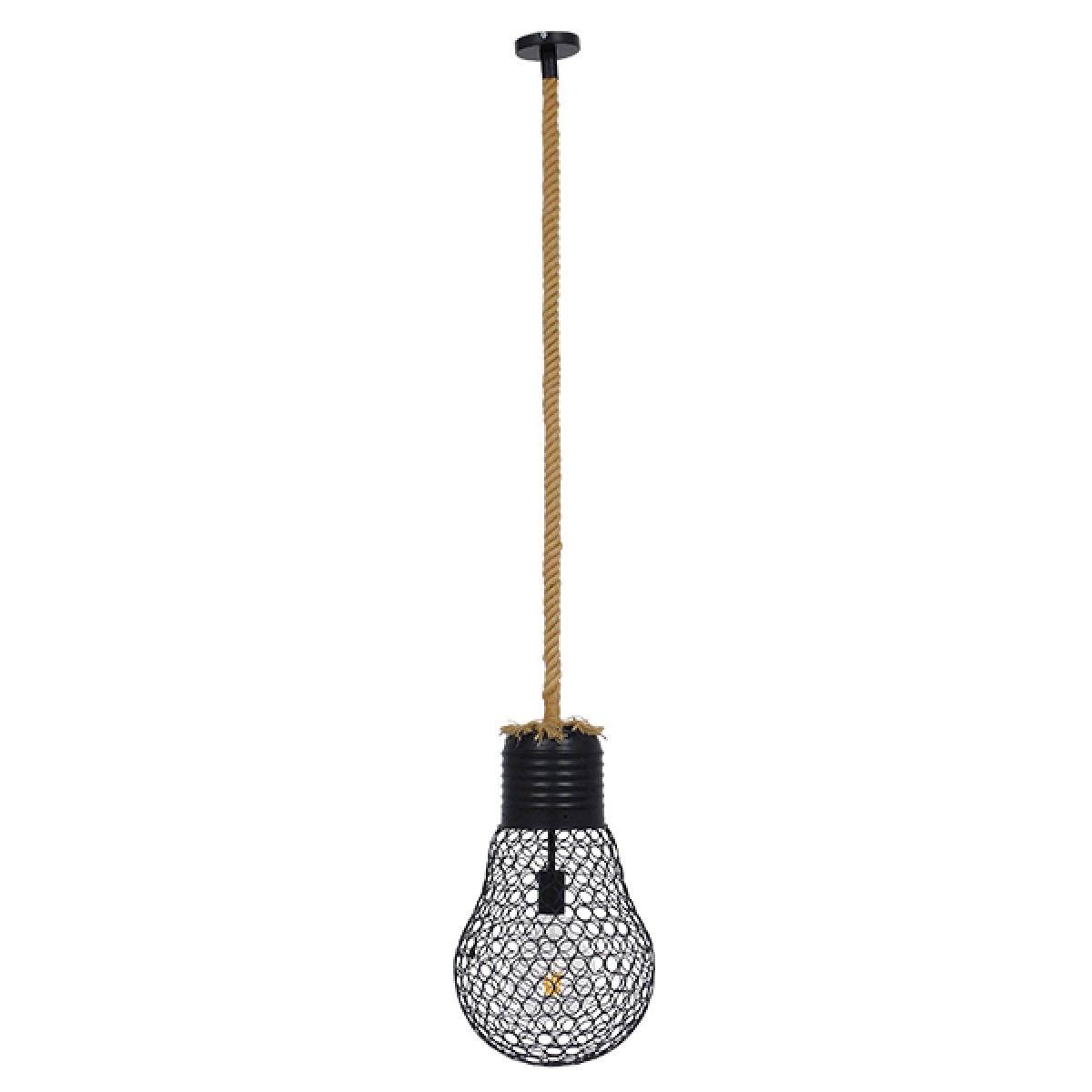 GloboStar® URBAN 01522 Vintage Κρεμαστό Φωτιστικό Πλέγμα Μονόφωτο 1 x E27 IP20 Μαύρο Μέταλλο με Μπεζ Σχοινί - Μ28 x Π28 x Υ40cm