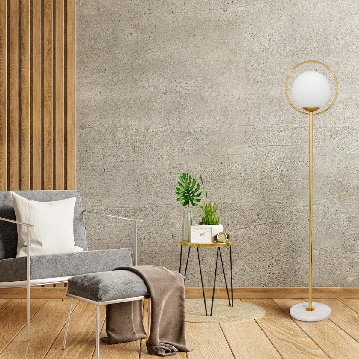GloboStar® VERSAILLES 01543 Μοντέρνο Επιδαπέδιο Φωτιστικό Μονόφωτο 1 x E27 IP20 Χρυσό Αλουμίνιο , Λευκό Γυαλί με Γκρι Μάρμαρο - Μ35 x Π35 x Υ170cm