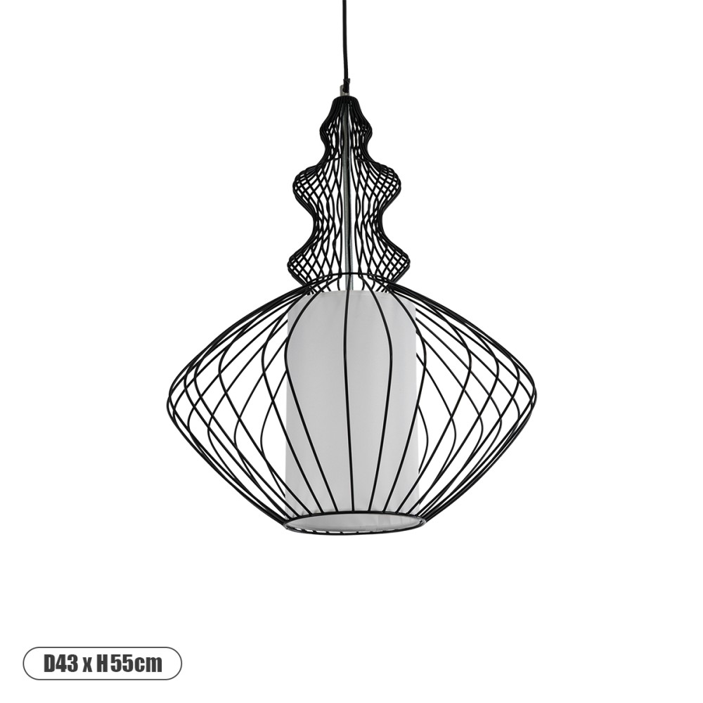 GloboStar® LILY 01558 Vintage Κρεμαστό Φωτιστικό Πλέγμα Μονόφωτο 1 x E27 IP20 Μαύρο Μέταλλο με Λευκό Ύφασμα - Μ43 x Π43 x Υ55cm