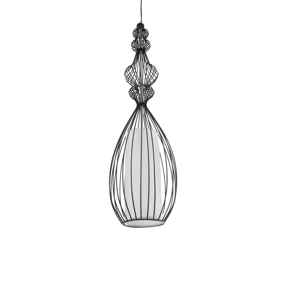 GloboStar® LILY 01561 Vintage Κρεμαστό Φωτιστικό Πλέγμα Μονόφωτο 1 x E27 IP20 Μαύρο Μέταλλο με Λευκό Ύφασμα - Μ90 x Π90 x Υ20cm