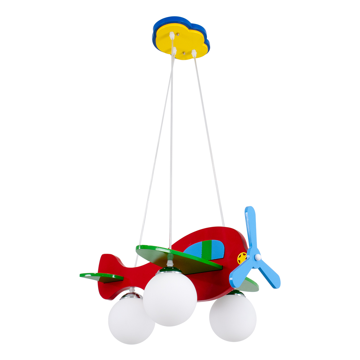 GloboStar® AIRPLANE 01575 Παιδικό Κρεμαστό Φωτιστικό Φιγούρα Τρίφωτο 3 x E27 IP20 Πολύχρωμο Ξύλο - Μ51 x Π49 x Υ26cm