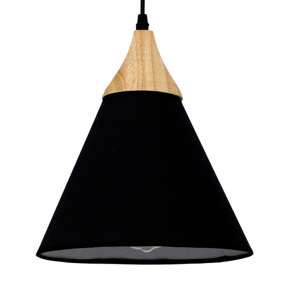 GloboStar® SHADE TEXTILE 01576 Μοντέρνο Κρεμαστό Φωτιστικό Καμπάνα Μονόφωτο 1 x E27 IP20 Μαύρο Υφασμα με Μπεζ Ξύλο - Μ25 x Π25 x Υ30cm