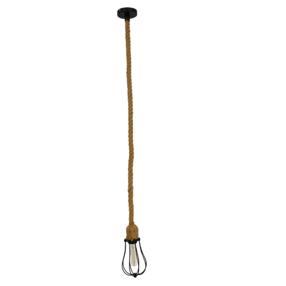 GloboStar® CAMBER 01594 Vintage Κρεμαστό Φωτιστικό Πλέγμα Μονόφωτο 1 x E27 IP20 Μαύρο Μέταλλο με Μπεζ Σχοινί - Μ11 x Π11 x Υ25cm