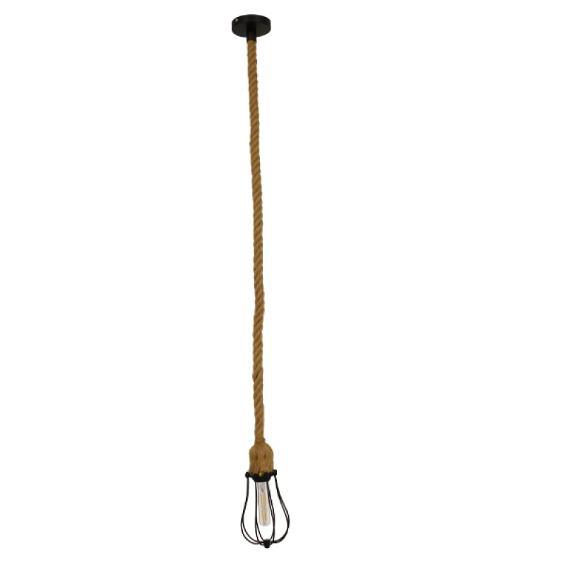 GloboStar® CAMBER 01594 Vintage Κρεμαστό Φωτιστικό Πλέγμα Μονόφωτο 1 x E27 IP20 Μαύρο Μέταλλο με Μπεζ Σχοινί - Μ11 x Π11 x Υ25cm