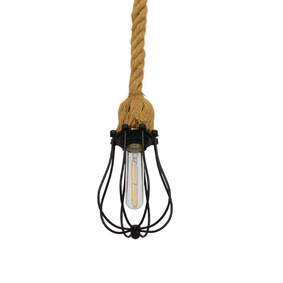GloboStar® CAMBER 01594 Vintage Κρεμαστό Φωτιστικό Πλέγμα Μονόφωτο 1 x E27 IP20 Μαύρο Μέταλλο με Μπεζ Σχοινί - Μ11 x Π11 x Υ25cm