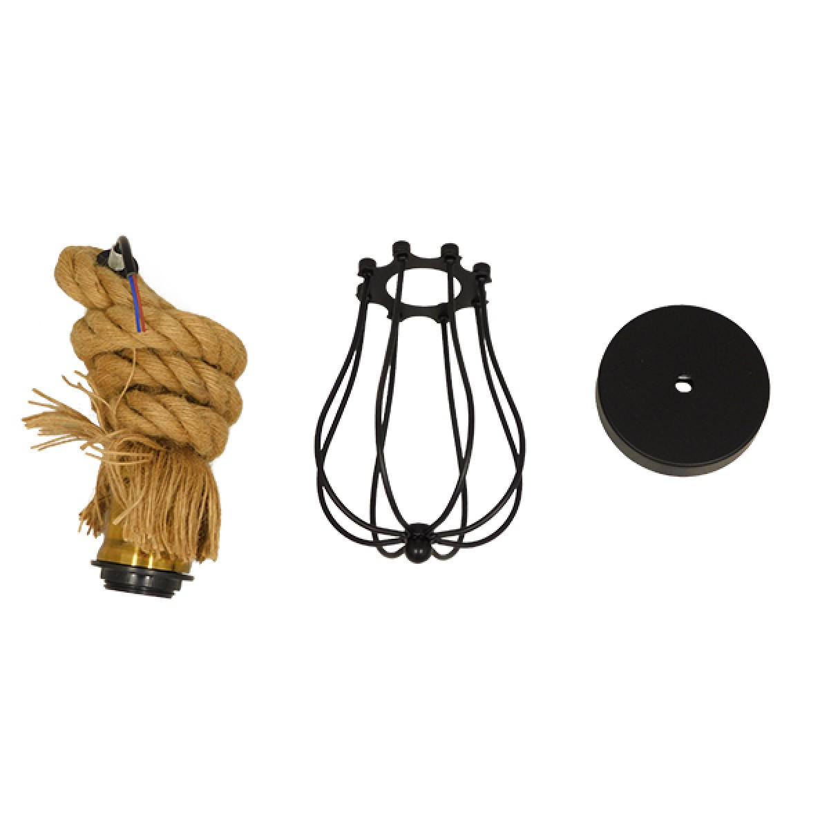 GloboStar® CAMBER 01594 Vintage Κρεμαστό Φωτιστικό Πλέγμα Μονόφωτο 1 x E27 IP20 Μαύρο Μέταλλο με Μπεζ Σχοινί - Μ11 x Π11 x Υ25cm