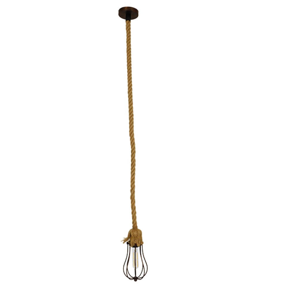 GloboStar® CAMBER 01595 Vintage Κρεμαστό Φωτιστικό Πλέγμα Μονόφωτο 1 x E27 IP20 Χάλκινο Μέταλλο με Μπεζ Σχοινί - Μ11 x Π11 x Υ25cm