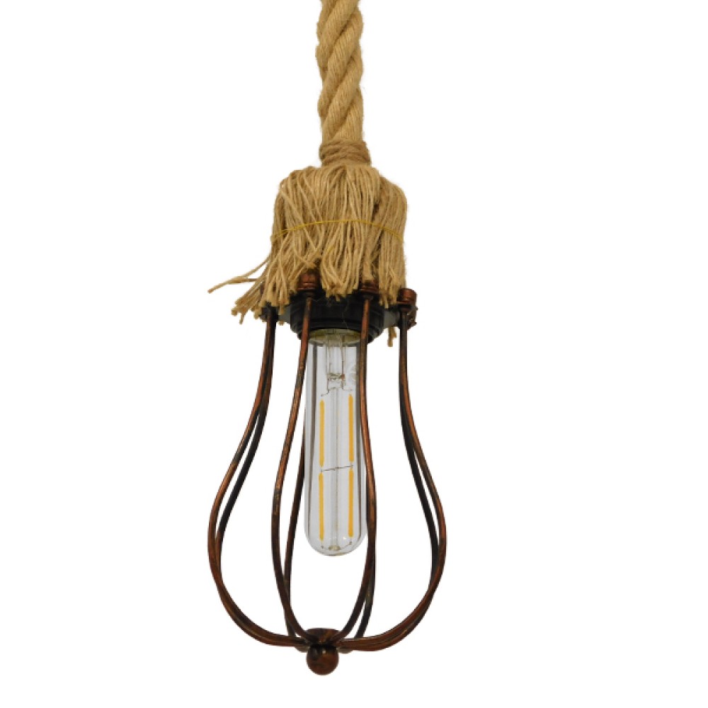 GloboStar® CAMBER 01595 Vintage Κρεμαστό Φωτιστικό Πλέγμα Μονόφωτο 1 x E27 IP20 Χάλκινο Μέταλλο με Μπεζ Σχοινί - Μ11 x Π11 x Υ25cm