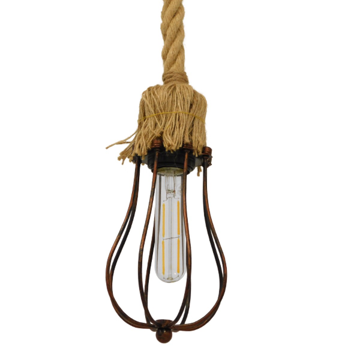 GloboStar® CAMBER 01595 Vintage Κρεμαστό Φωτιστικό Πλέγμα Μονόφωτο 1 x E27 IP20 Χάλκινο Μέταλλο με Μπεζ Σχοινί - Μ11 x Π11 x Υ25cm