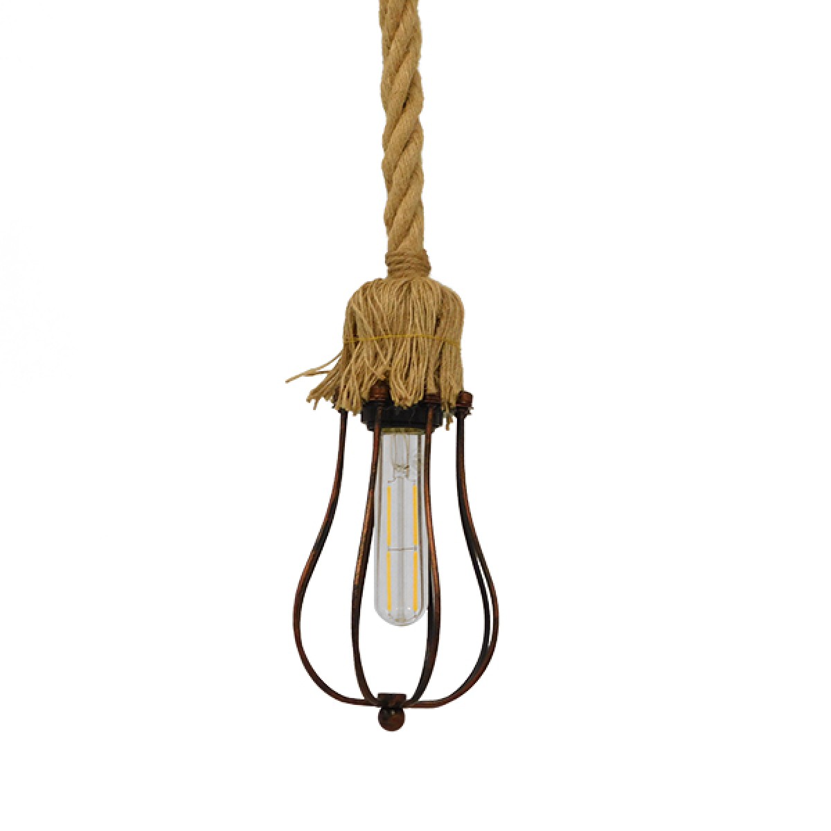 GloboStar® CAMBER 01595 Vintage Κρεμαστό Φωτιστικό Πλέγμα Μονόφωτο 1 x E27 IP20 Χάλκινο Μέταλλο με Μπεζ Σχοινί - Μ11 x Π11 x Υ25cm