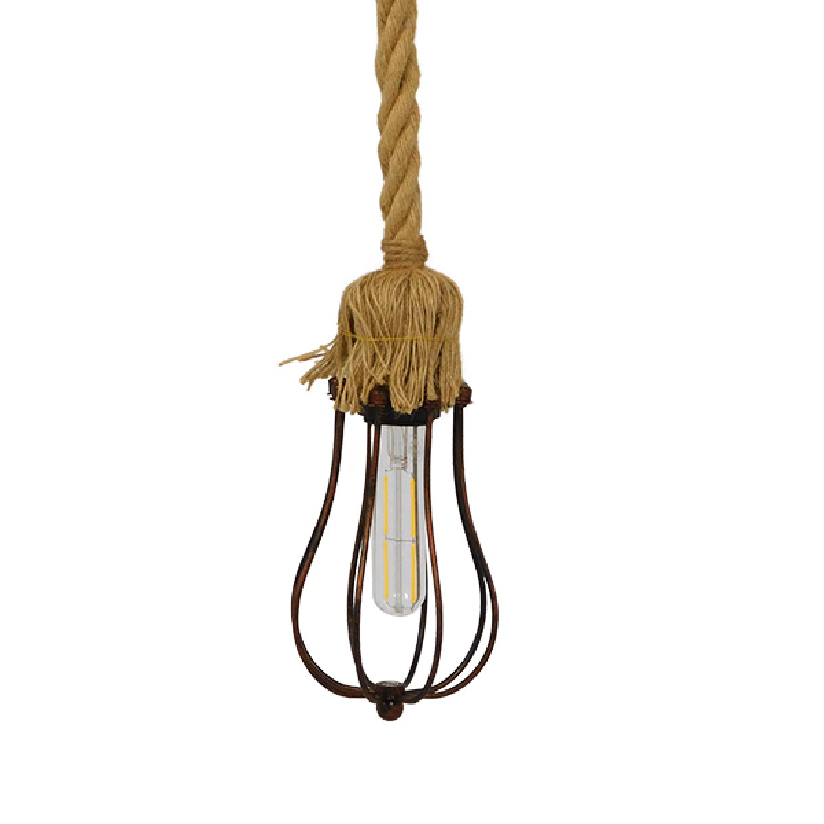GloboStar® CAMBER 01595 Vintage Κρεμαστό Φωτιστικό Πλέγμα Μονόφωτο 1 x E27 IP20 Χάλκινο Μέταλλο με Μπεζ Σχοινί - Μ11 x Π11 x Υ25cm