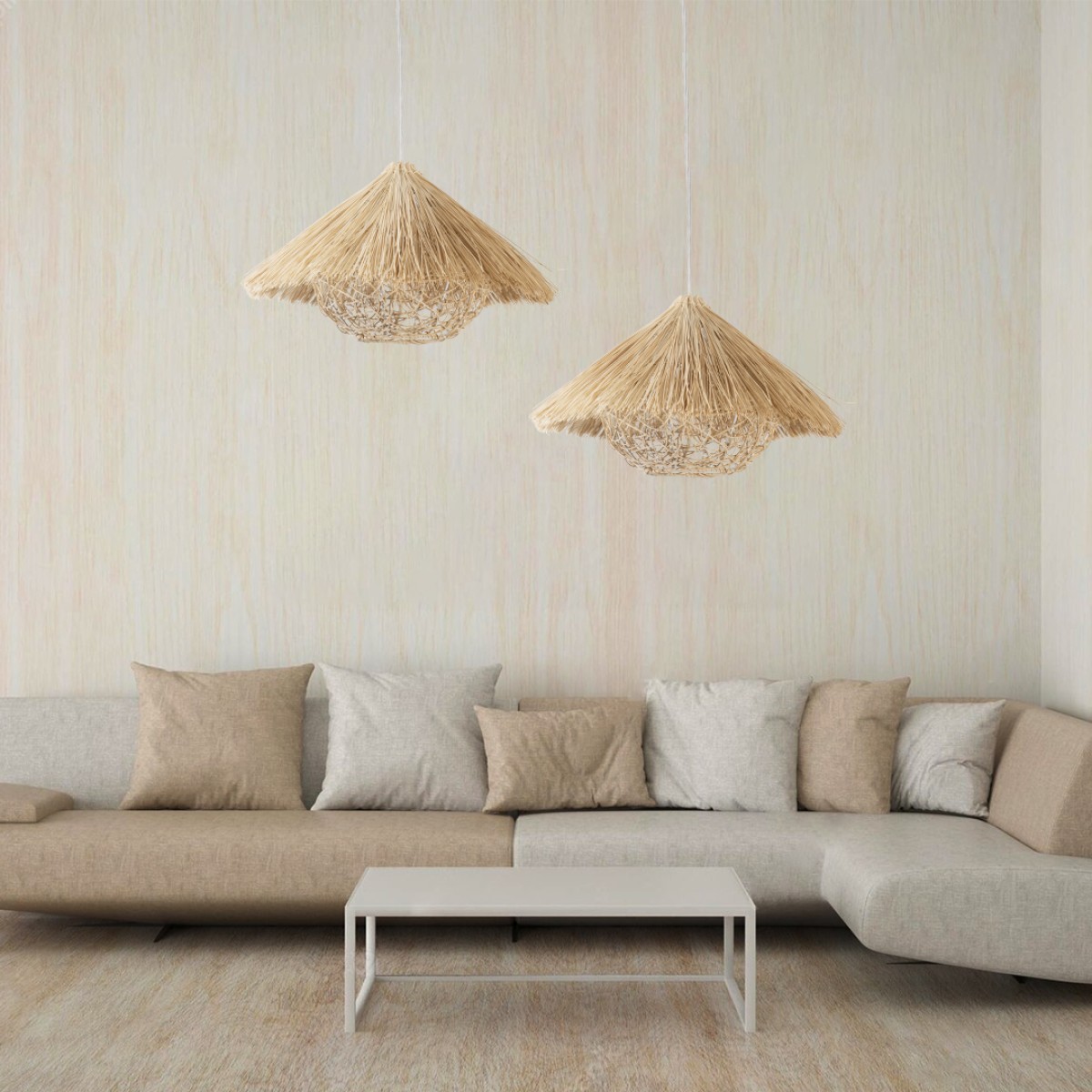 GloboStar® CHEOPE 01599 Boho Κρεμαστό Φωτιστικό Πλέγμα Μονόφωτο 1 x E27 IP20 Μπεζ Ξύλο με Μπεζ Rattan - Μ45 x Π45 x Y35cm