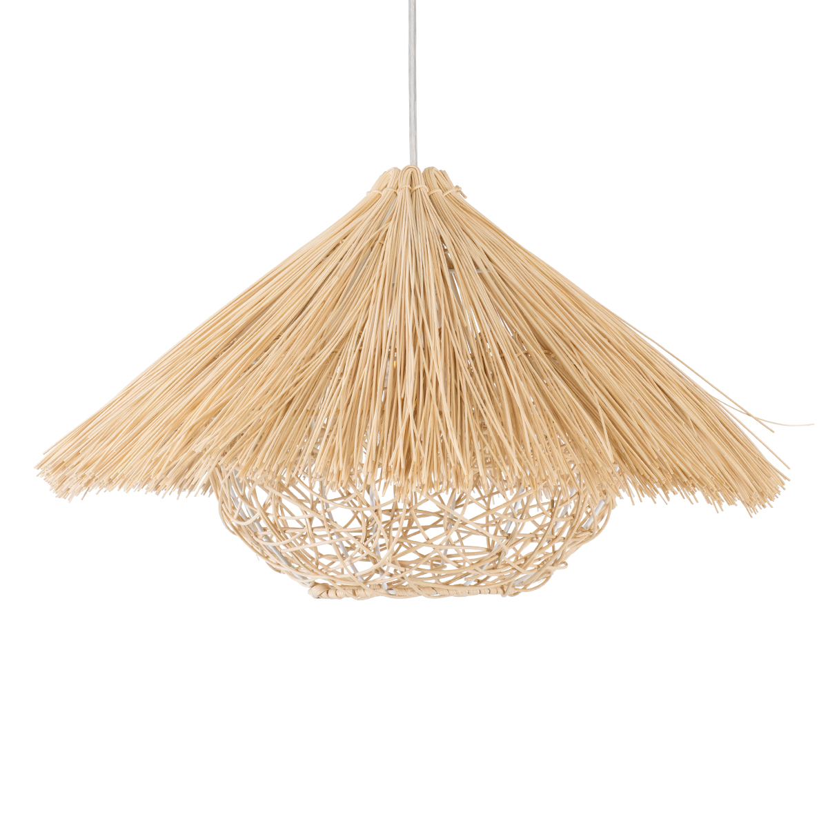 GloboStar® CHEOPE 01599 Boho Κρεμαστό Φωτιστικό Πλέγμα Μονόφωτο 1 x E27 IP20 Μπεζ Ξύλο με Μπεζ Rattan - Μ45 x Π45 x Y35cm