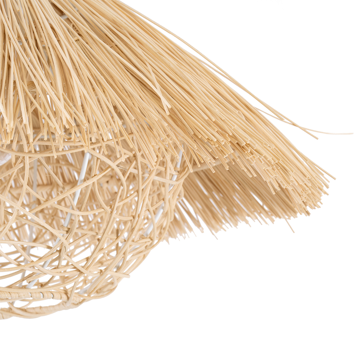 GloboStar® CHEOPE 01599 Boho Κρεμαστό Φωτιστικό Πλέγμα Μονόφωτο 1 x E27 IP20 Μπεζ Ξύλο με Μπεζ Rattan - Μ45 x Π45 x Y35cm
