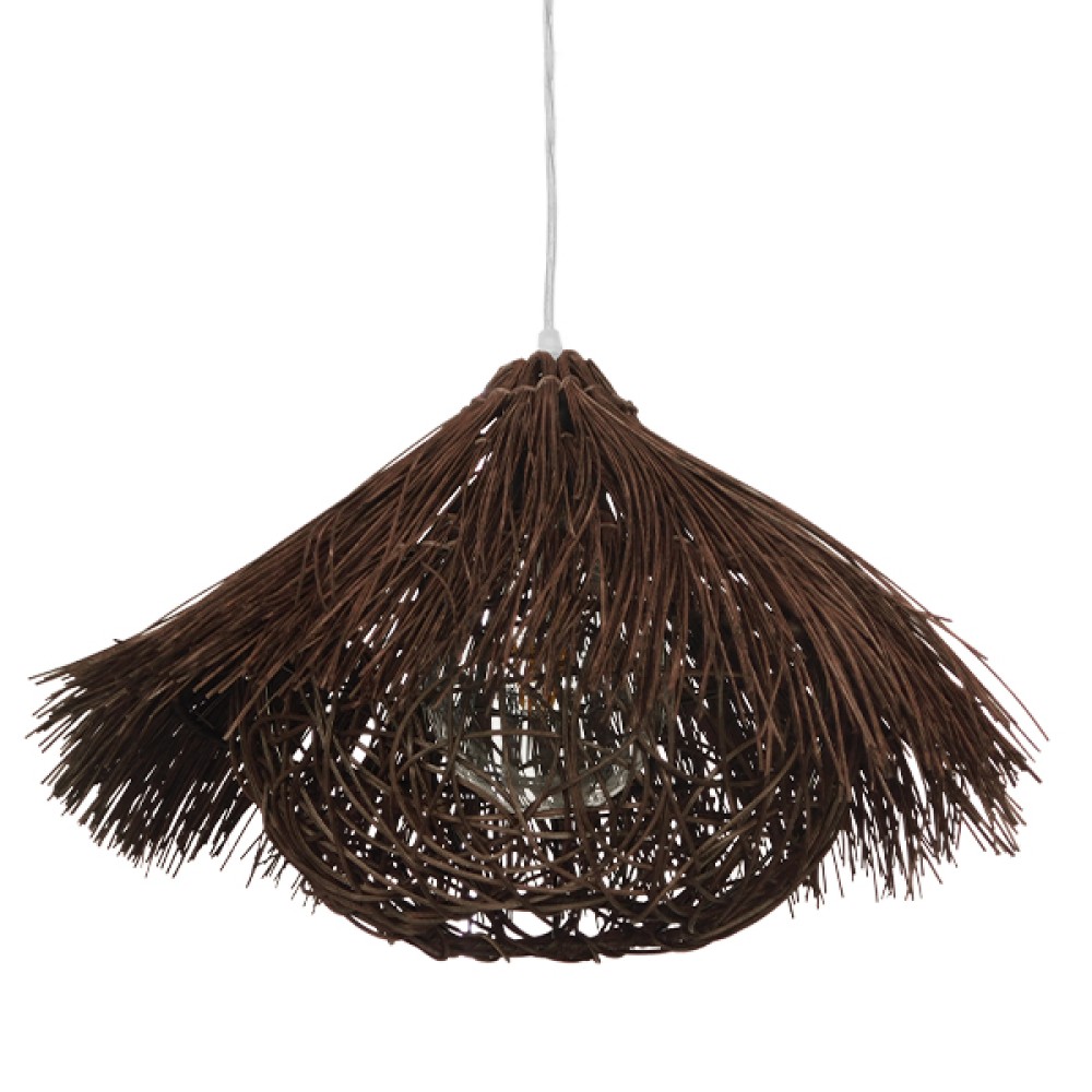 GloboStar® CHEOPE 01600 Boho Κρεμαστό Φωτιστικό Πλέγμα Μονόφωτο 1 x E27 IP20 Καφέ Ξύλο με Καφέ Rattan - Μ50 x Π50 x Y30cm