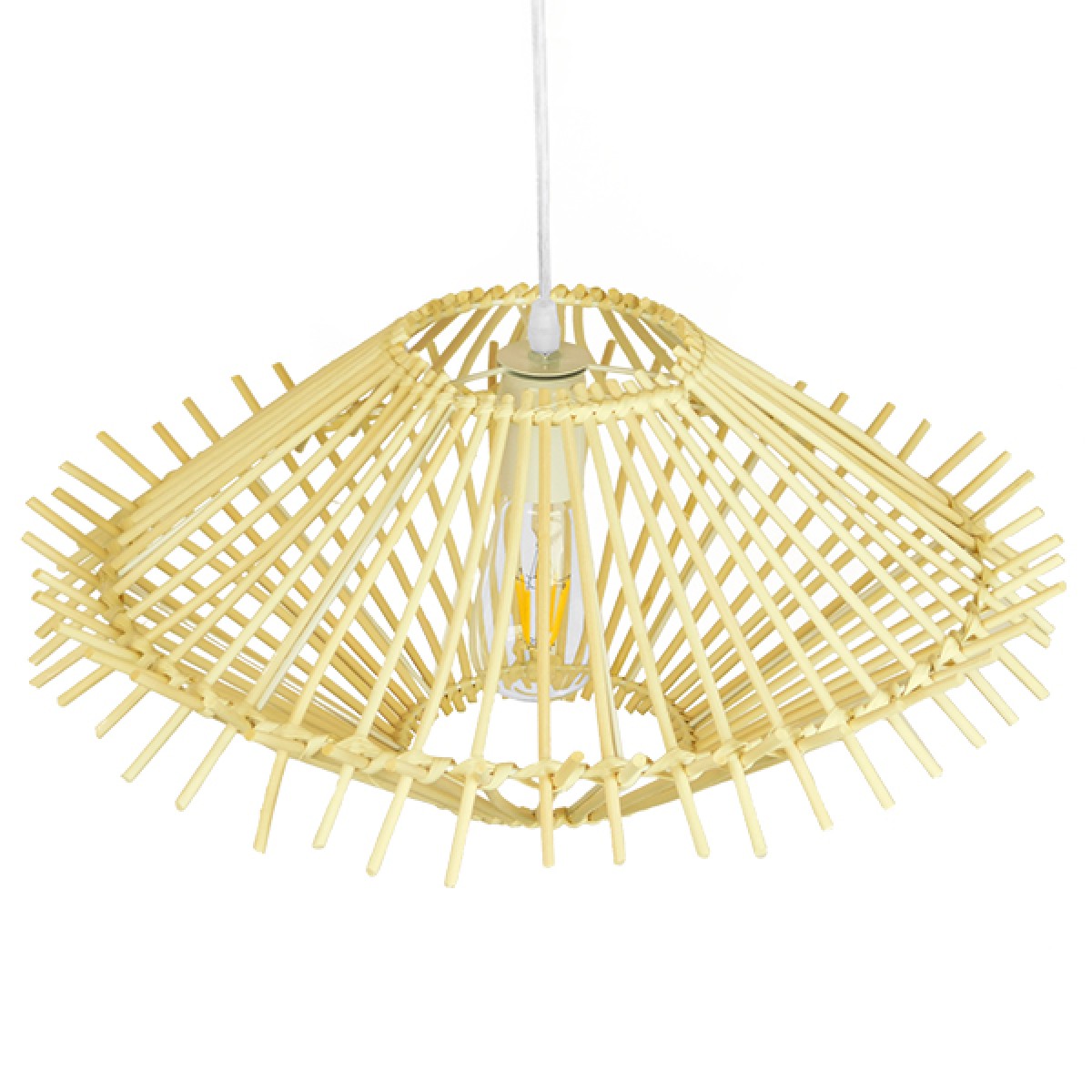 GloboStar® SASSO 01601 Boho Κρεμαστό Φωτιστικό Πλέγμα Μονόφωτο 1 x E27 IP20 Μπεζ Ξύλο - Μ50 x Π50 x Y23cm