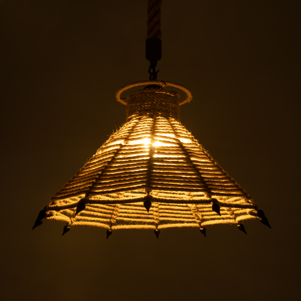 GloboStar® OZERO 01603 Boho Κρεμαστό Φωτιστικό Καμπάνα Μονόφωτο 1 x E27 IP20 Μπεζ Σχοινί - Μ41 x Π41 x Y28cm