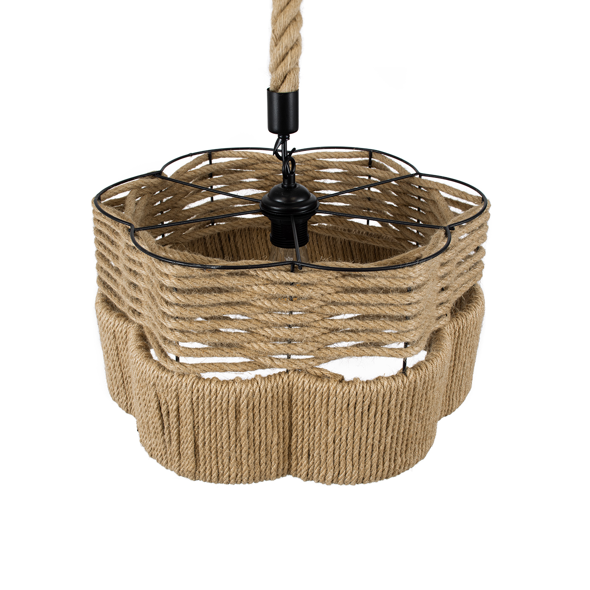 GloboStar® TONDO 01604 Boho Κρεμαστό Φωτιστικό Καπέλο Μονόφωτο 1 x E27 IP20 Μπεζ Σχοινί με Μαύρο Μέταλλο - Μ38 x Π38 x Y21cm