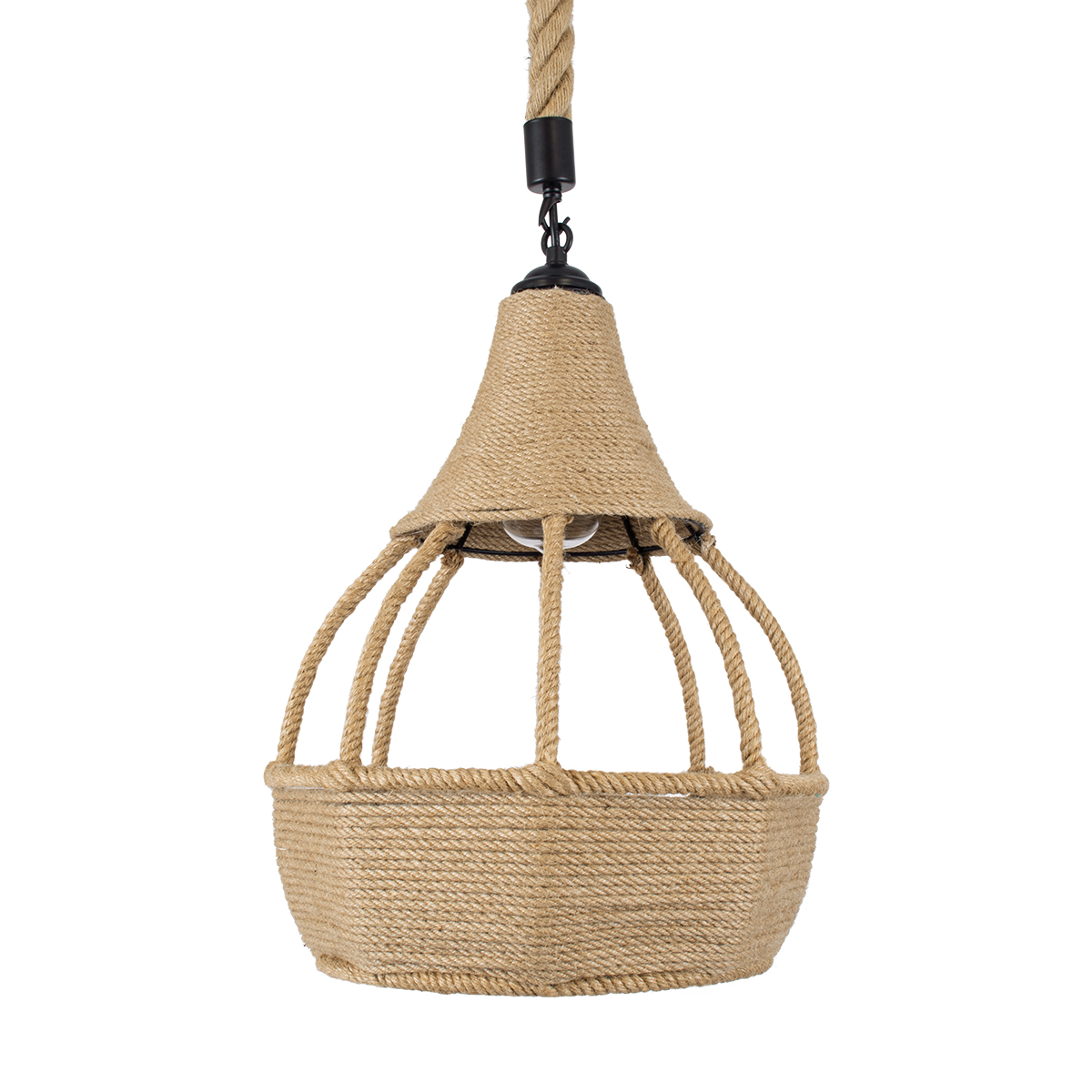 GloboStar® KUBRIC 01605 Boho Κρεμαστό Φωτιστικό Καμπάνα Μονόφωτο 1 x E27 IP20 Μπεζ Σχοινί - Μ30 x Π30 x Y40cm