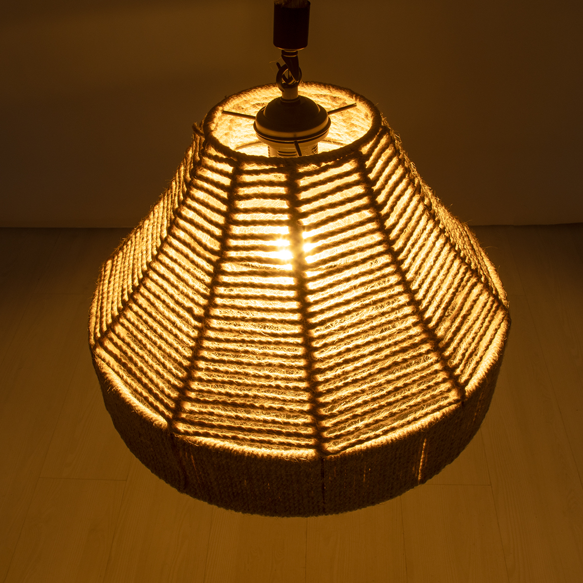 GloboStar® DOGMA 01609 Boho Κρεμαστό Φωτιστικό Καμπάνα Μονόφωτο 1 x E27 IP20 Μπεζ Σχοινί - Μ38 x Π38 x Y28cm