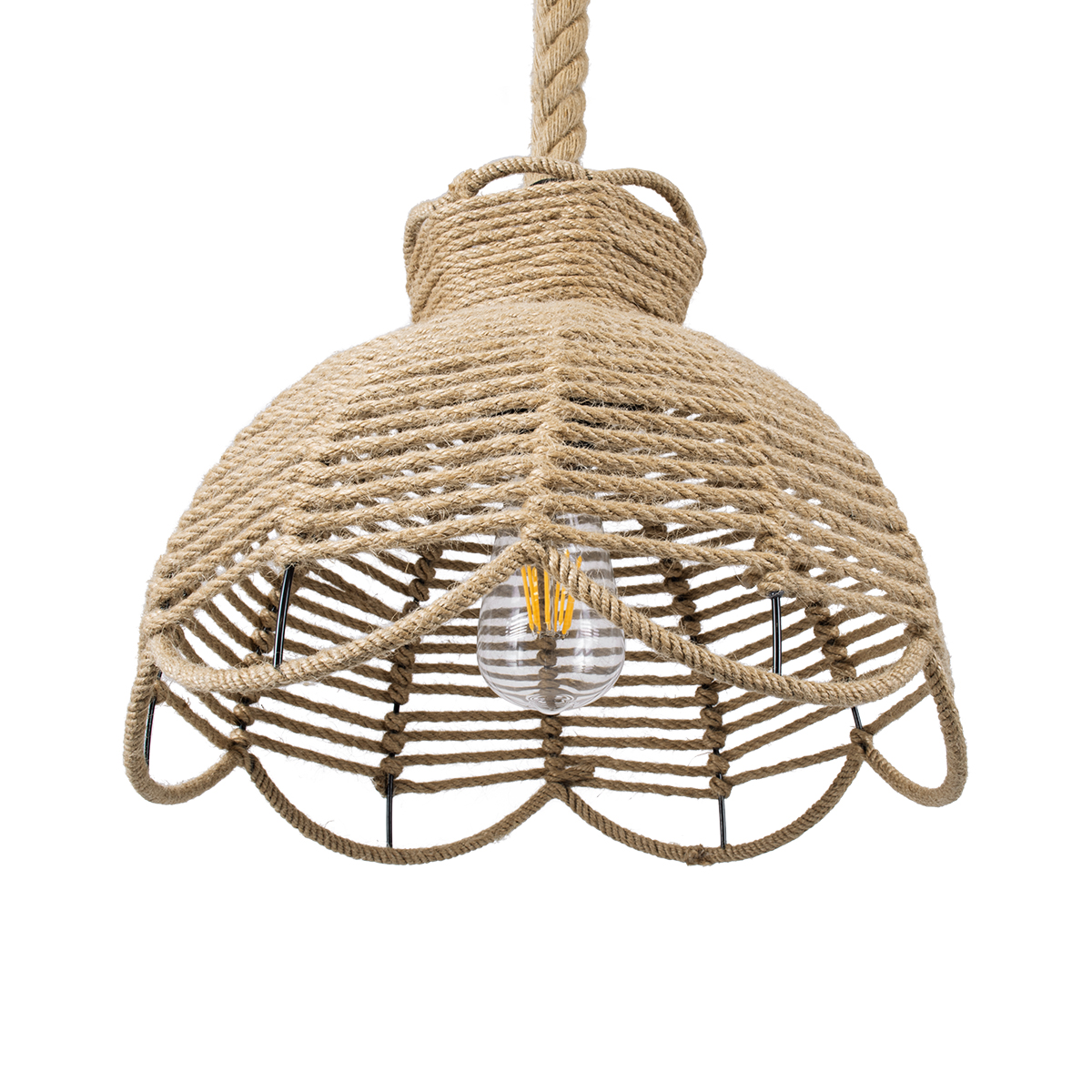GloboStar® VENIER 01610 Boho Κρεμαστό Φωτιστικό Πλέγμα Μονόφωτο 1 x E27 IP20 Μπεζ Σχοινί - Μ35 x Π35 x Y26cm