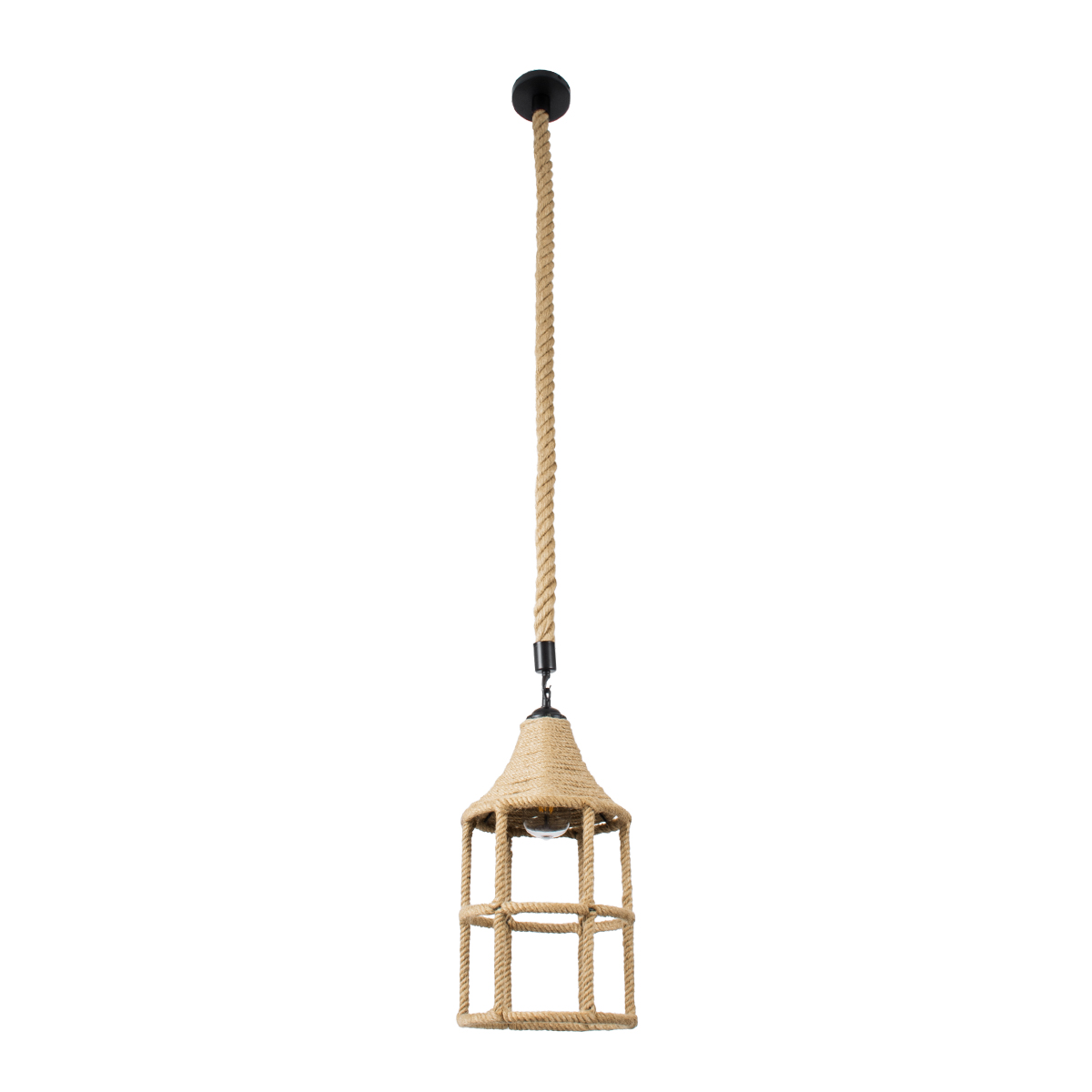 GloboStar® YUBA 01612 Boho Κρεμαστό Φωτιστικό Πλέγμα Μονόφωτο 1 x E27 IP20 Μπεζ Σχοινί - Μ22 x Π22 x Y40cm