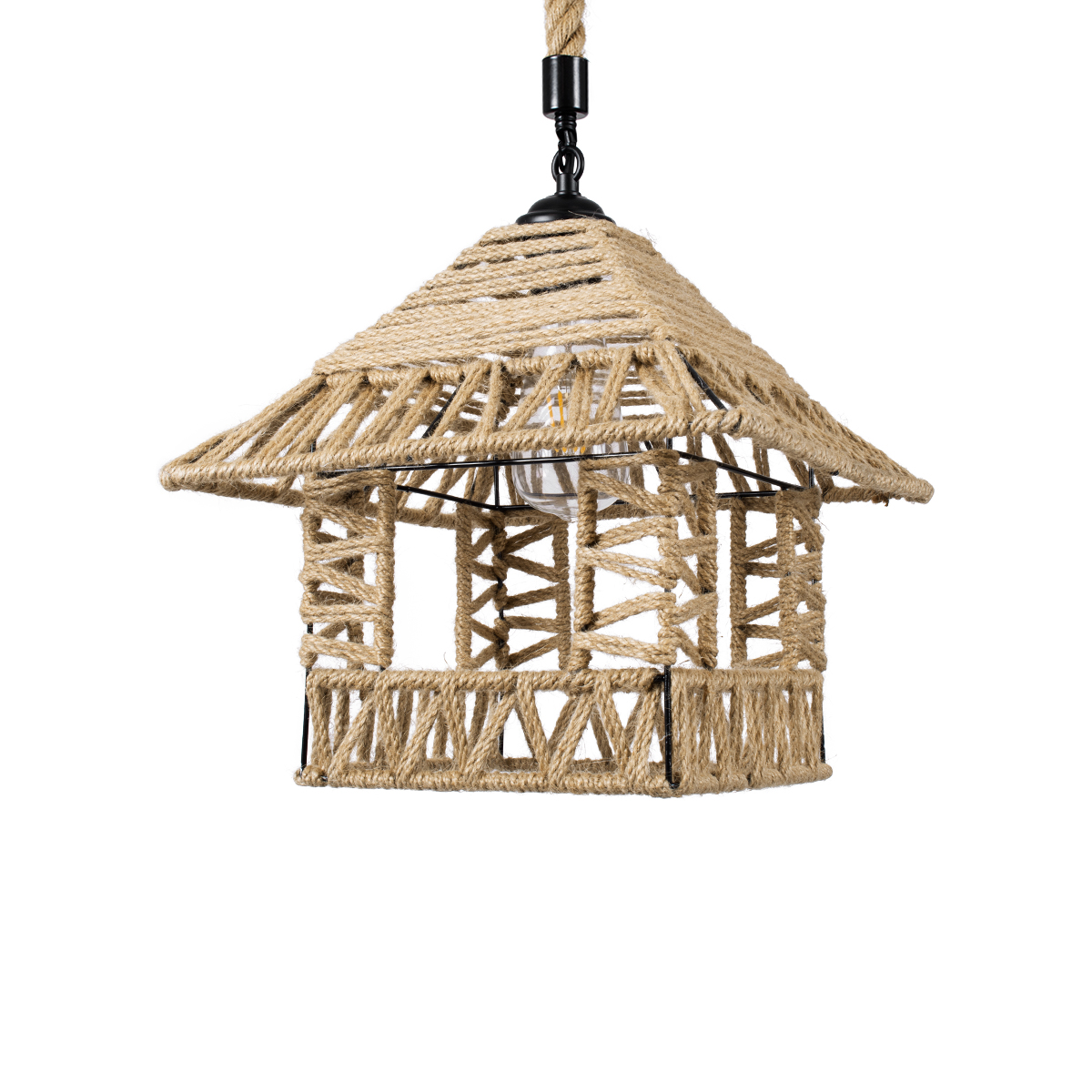 GloboStar® SPIKY 01613 Boho Κρεμαστό Φωτιστικό Φιγούρα Μονόφωτο 1 x E27 IP20 Μπεζ Σχοινί - Μ43 x Π43 x Y28cm
