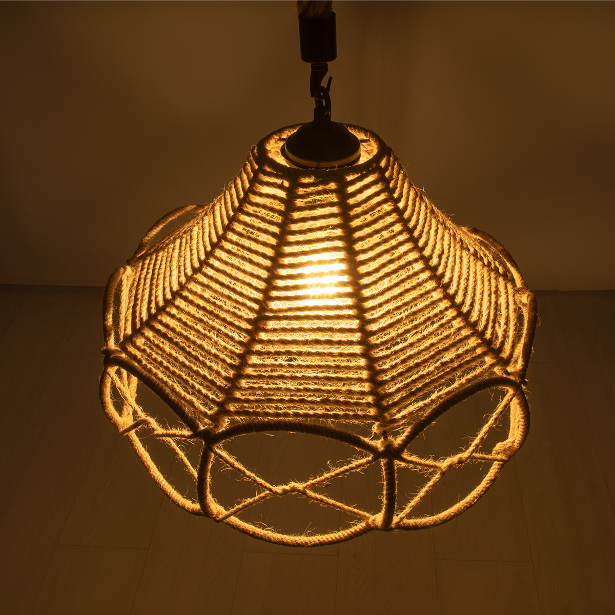 GloboStar® TESSUTI 01614 Boho Κρεμαστό Φωτιστικό Πλέγμα Μονόφωτο 1 x E27 IP20 Μπεζ Σχοινί - Μ39 x Π39 x Y31cm