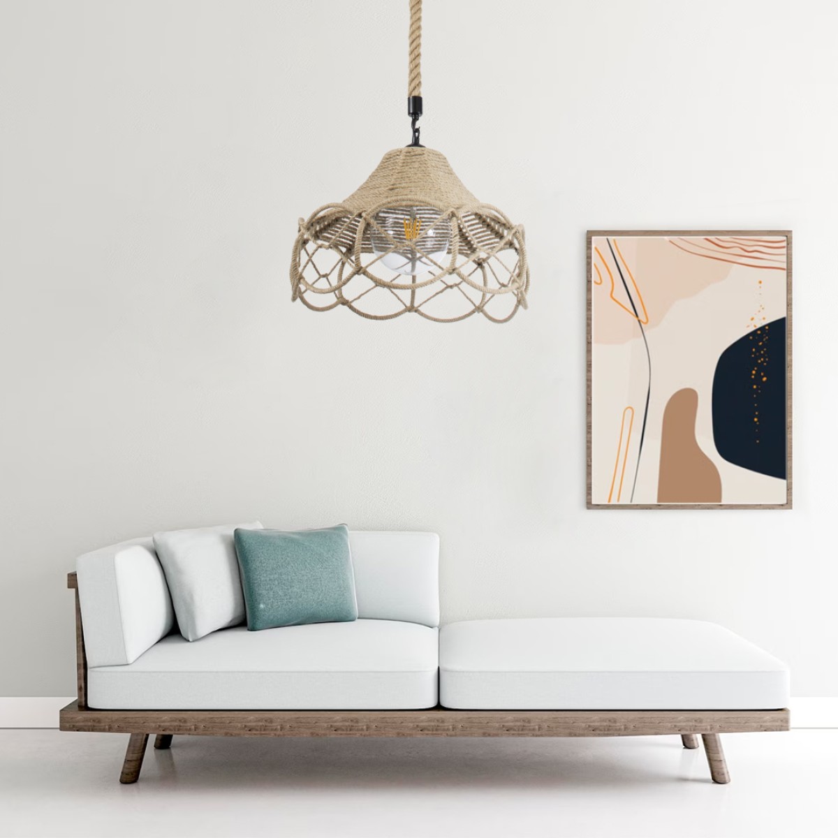 GloboStar® TESSUTI 01614 Boho Κρεμαστό Φωτιστικό Πλέγμα Μονόφωτο 1 x E27 IP20 Μπεζ Σχοινί - Μ39 x Π39 x Y31cm