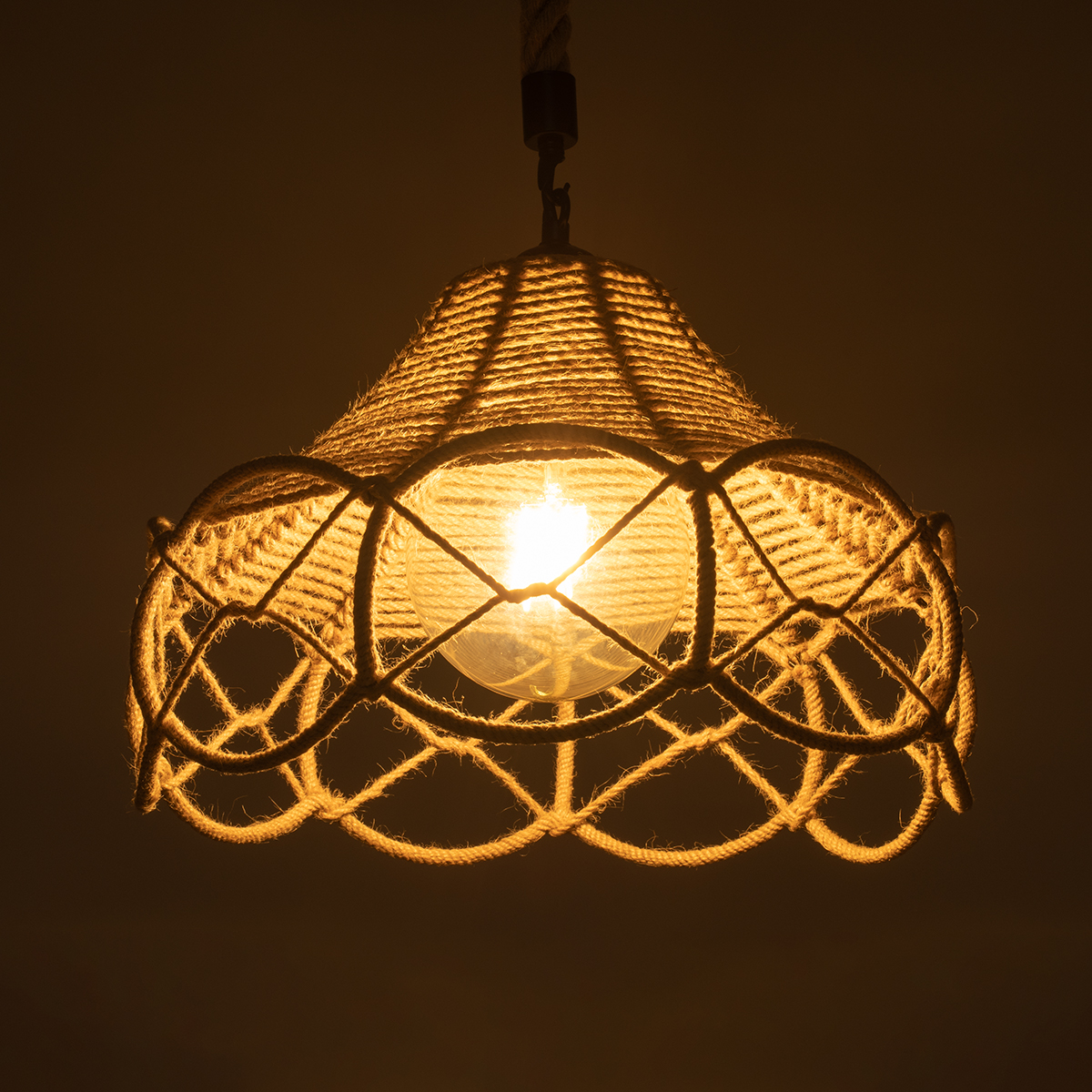 GloboStar® TESSUTI 01614 Boho Κρεμαστό Φωτιστικό Πλέγμα Μονόφωτο 1 x E27 IP20 Μπεζ Σχοινί - Μ39 x Π39 x Y31cm
