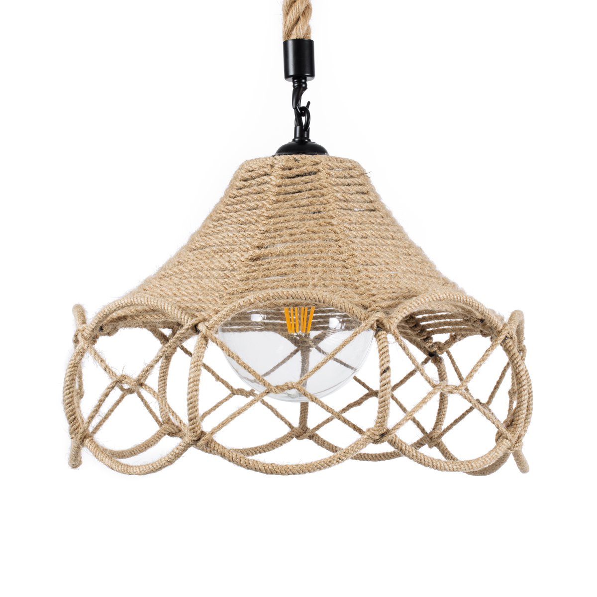 GloboStar® TESSUTI 01614 Boho Κρεμαστό Φωτιστικό Πλέγμα Μονόφωτο 1 x E27 IP20 Μπεζ Σχοινί - Μ39 x Π39 x Y31cm