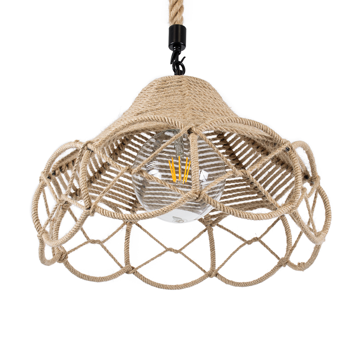 GloboStar® TESSUTI 01614 Boho Κρεμαστό Φωτιστικό Πλέγμα Μονόφωτο 1 x E27 IP20 Μπεζ Σχοινί - Μ39 x Π39 x Y31cm