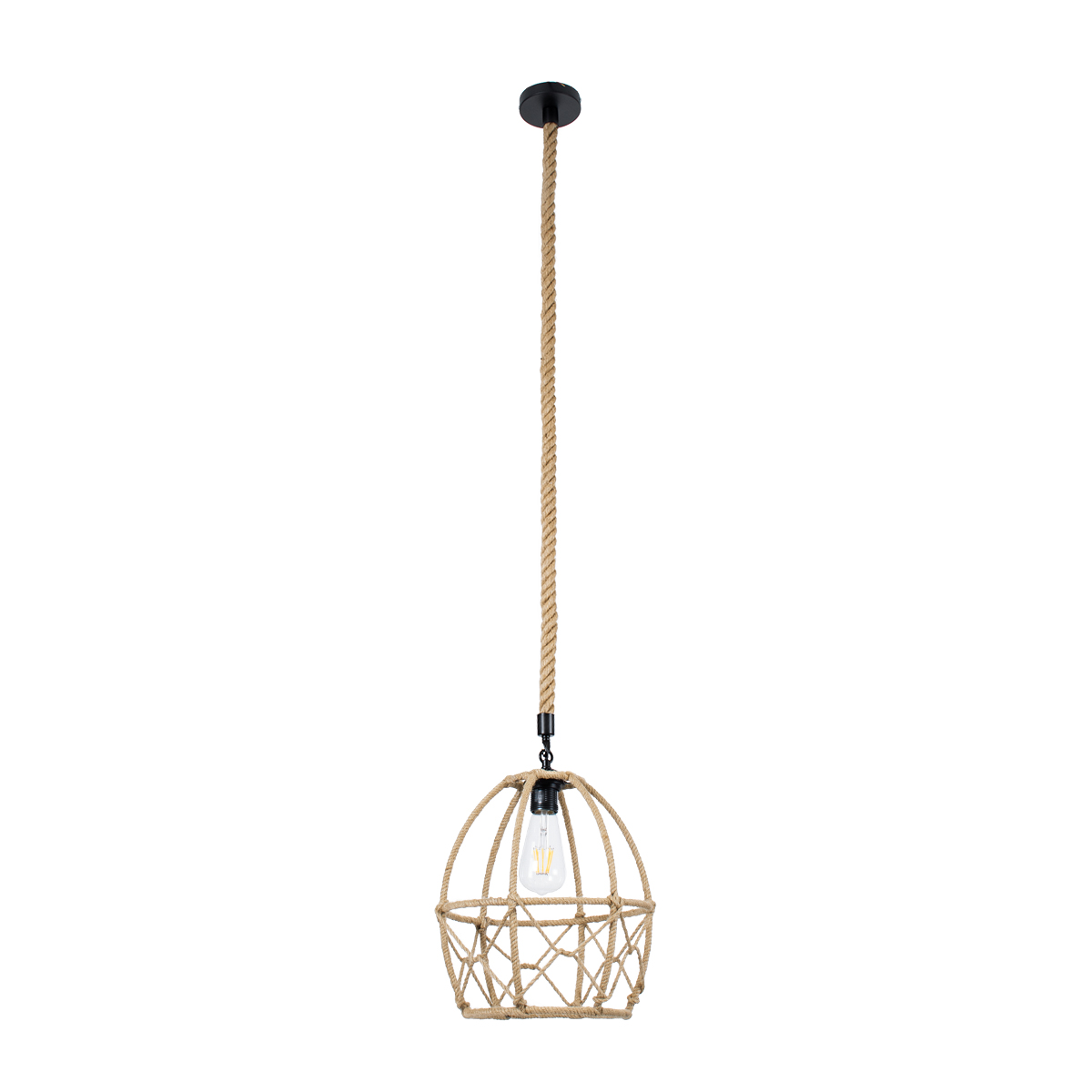 GloboStar® TELAN 01615 Vintage Κρεμαστό Φωτιστικό Πλέγμα Μονόφωτο 1 x E27 IP20 Μπεζ Σχοινί - Μ30 x Π30 x Υ38cm