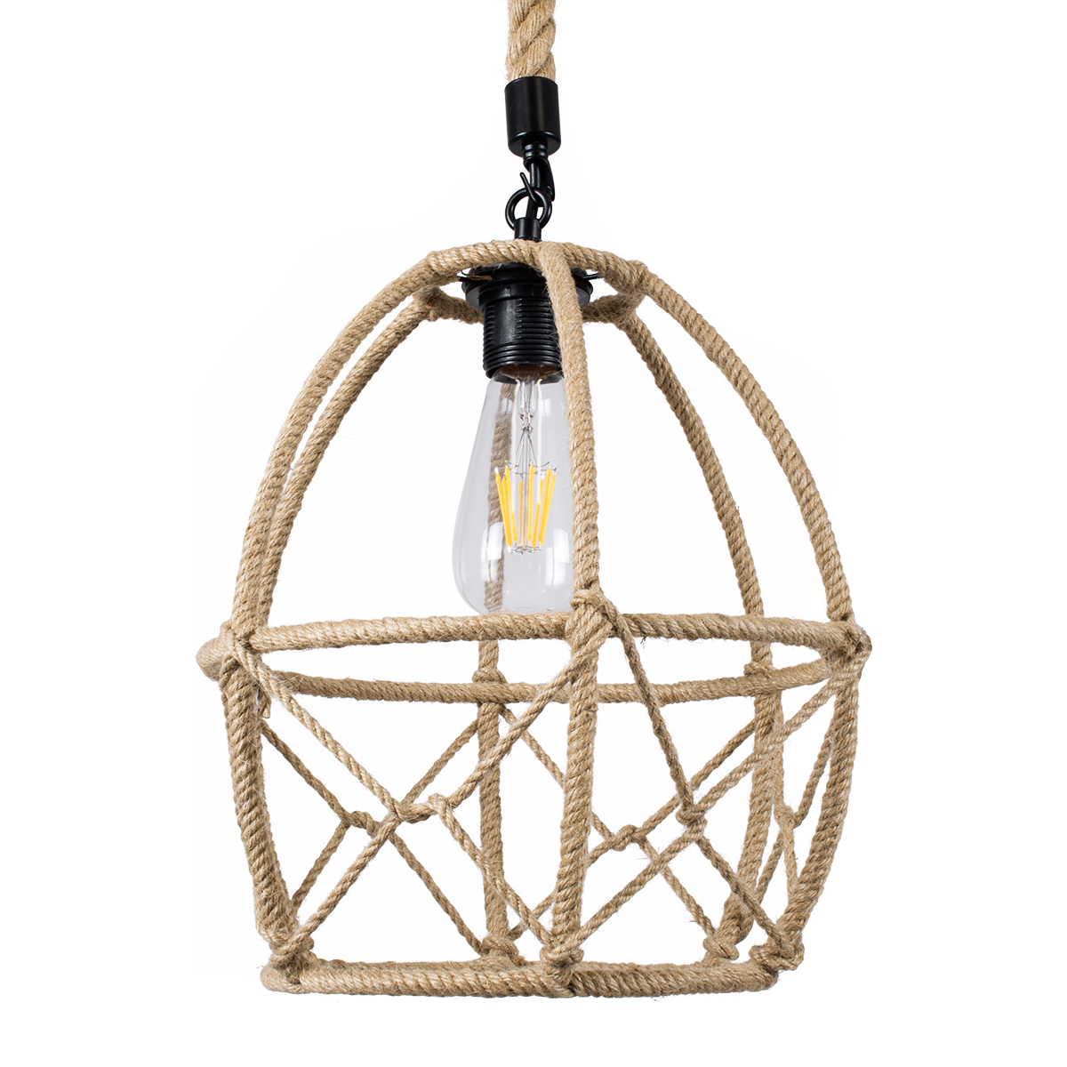 GloboStar® TELAN 01615 Vintage Κρεμαστό Φωτιστικό Πλέγμα Μονόφωτο 1 x E27 IP20 Μπεζ Σχοινί - Μ30 x Π30 x Υ38cm