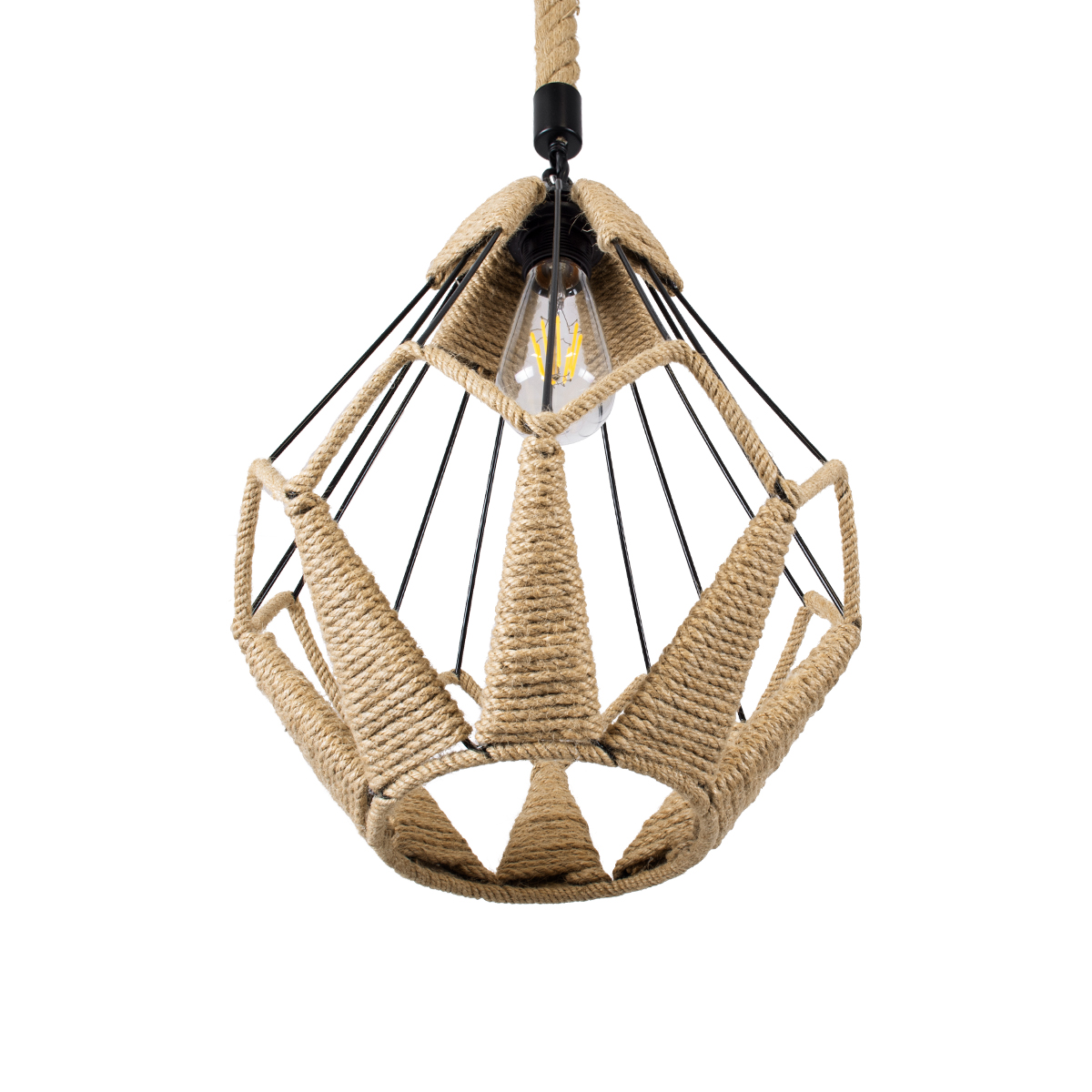 GloboStar® CONICAL 01617 Vintage Κρεμαστό Φωτιστικό Πλέγμα Μονόφωτο 1 x E27 IP20 Μαύρο Μέταλλο με Μπεζ Σχοινί - Μ30 x Π30 x Υ40cm