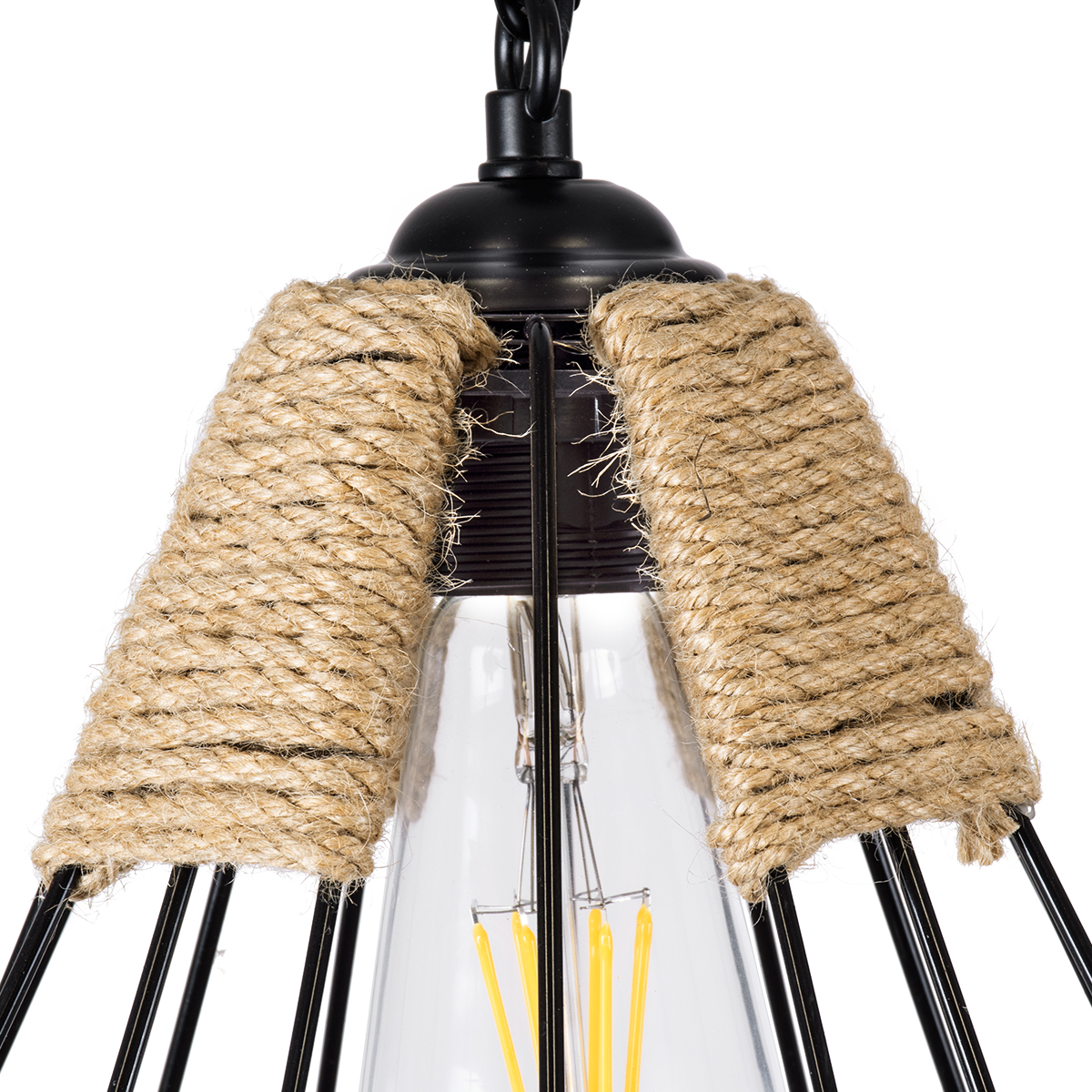 GloboStar® CONICAL 01617 Vintage Κρεμαστό Φωτιστικό Πλέγμα Μονόφωτο 1 x E27 IP20 Μαύρο Μέταλλο με Μπεζ Σχοινί - Μ30 x Π30 x Υ40cm