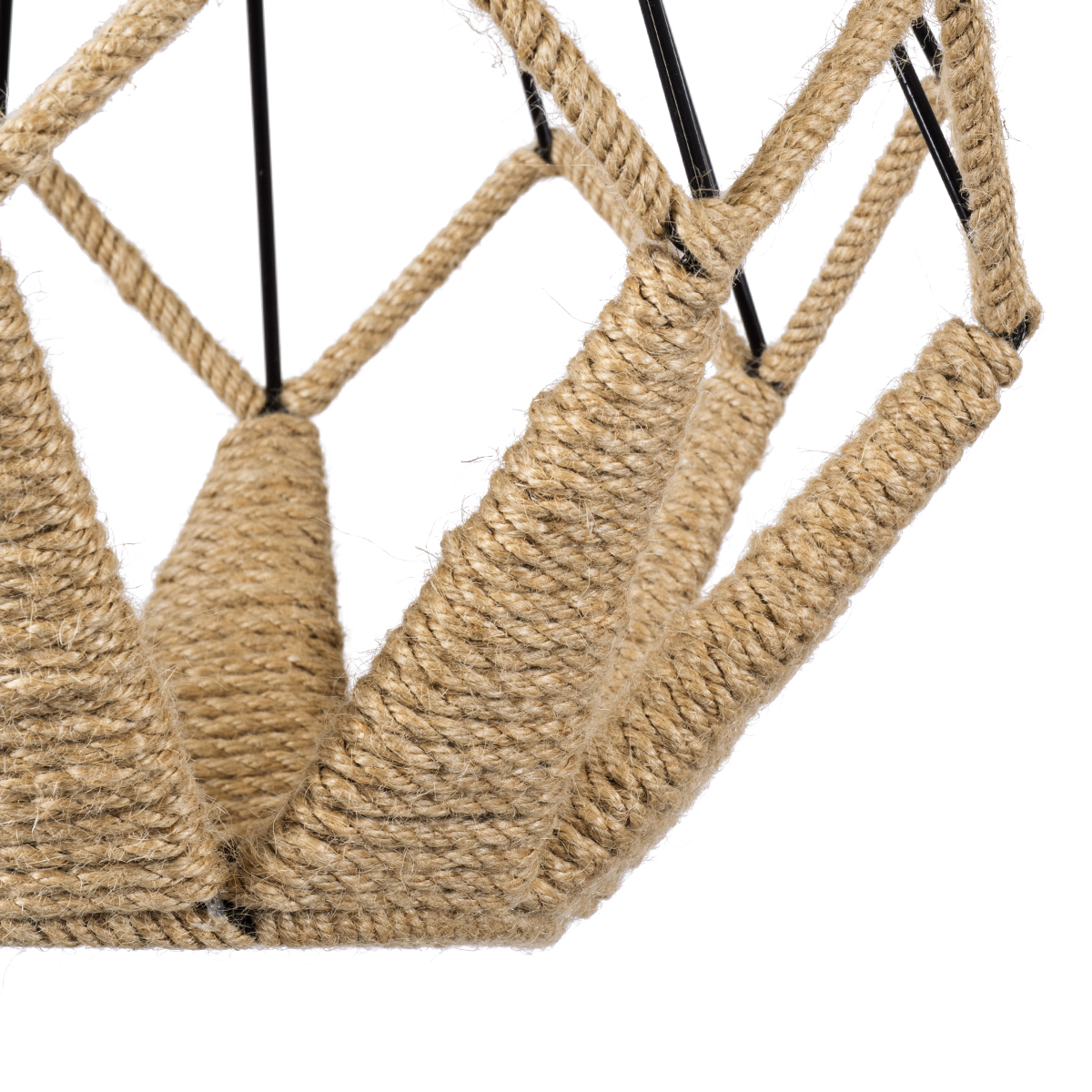 GloboStar® CONICAL 01617 Vintage Κρεμαστό Φωτιστικό Πλέγμα Μονόφωτο 1 x E27 IP20 Μαύρο Μέταλλο με Μπεζ Σχοινί - Μ30 x Π30 x Υ40cm