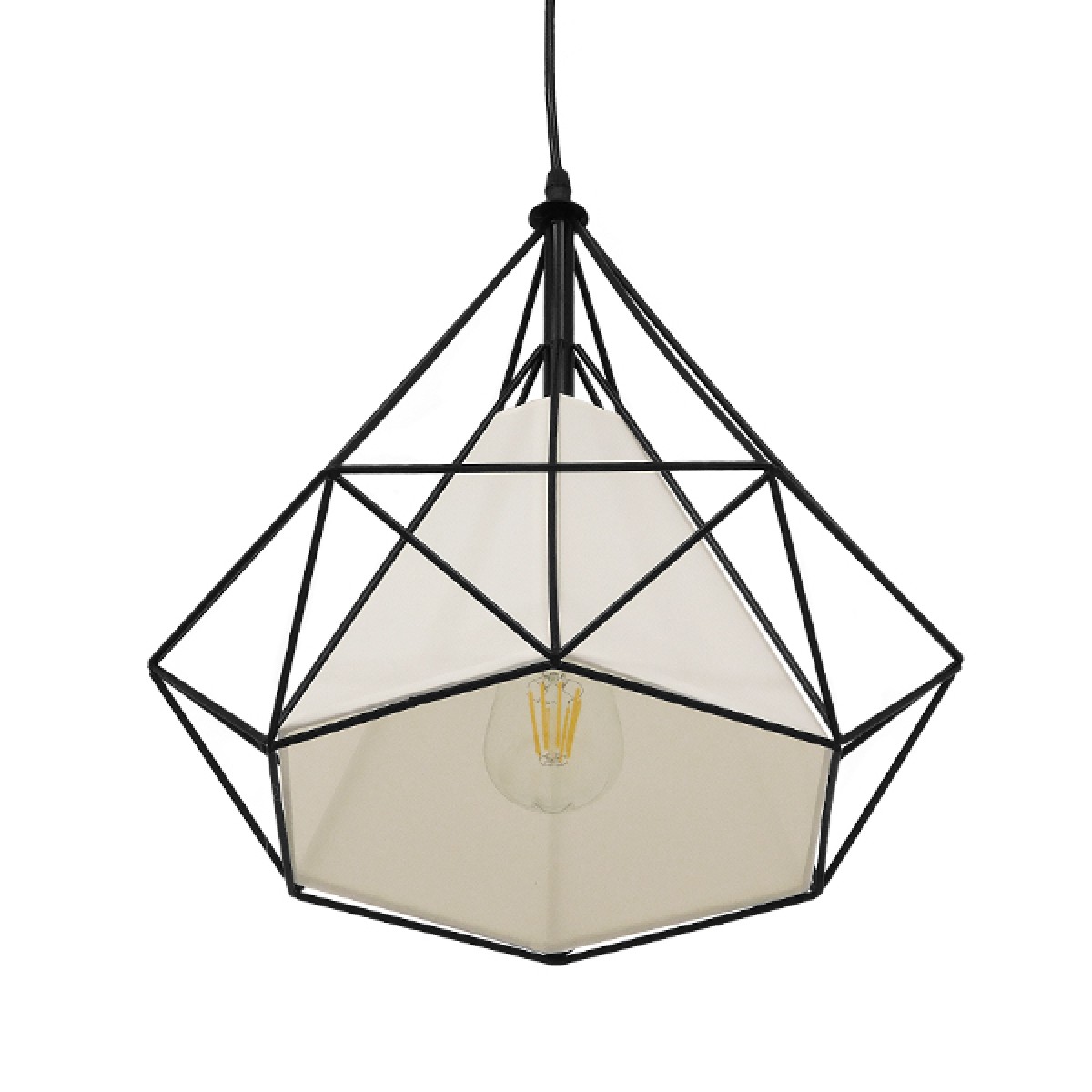 GloboStar® KAIRI 01618 Μοντέρνο Κρεμαστό Φωτιστικό Πλέγμα Μονόφωτο 1 x E27 IP20 Μαύρο Μέταλλο με Λευκό Ύφασμα - Μ38 x Π38 x Υ39cm
