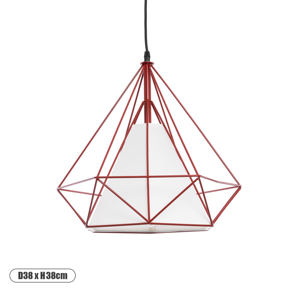 GloboStar® KAIRI 01620 Μοντέρνο Κρεμαστό Φωτιστικό Πλέγμα Μονόφωτο 1 x E27 IP20 Κόκκινο Μέταλλο με Λευκό Ύφασμα - Μ38 x Π38 x Y38cm