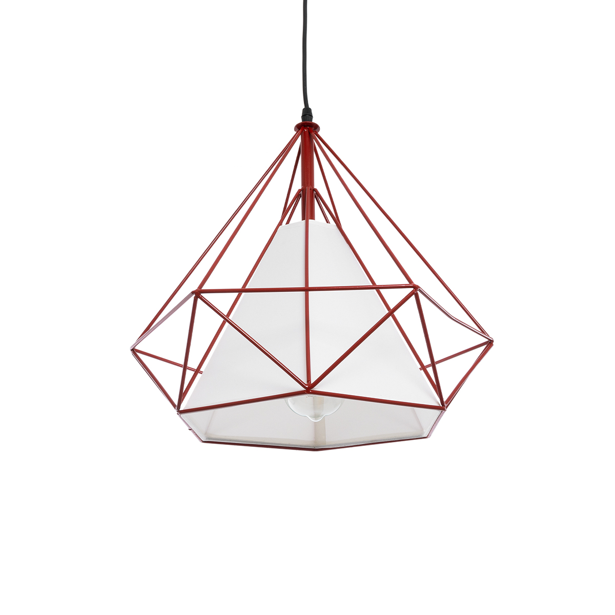 GloboStar® KAIRI 01620 Μοντέρνο Κρεμαστό Φωτιστικό Πλέγμα Μονόφωτο 1 x E27 IP20 Κόκκινο Μέταλλο με Λευκό Ύφασμα - Μ38 x Π38 x Y38cm