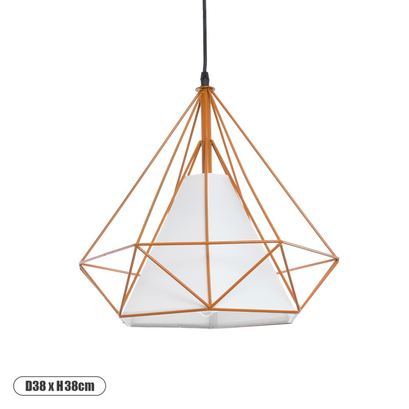 GloboStar® KAIRI 01621 Μοντέρνο Κρεμαστό Φωτιστικό Πλέγμα Μονόφωτο 1 x E27 IP20 Πορτοκαλί Μέταλλο με Λευκό Ύφασμα - Μ38 x Π38 x Y38cm