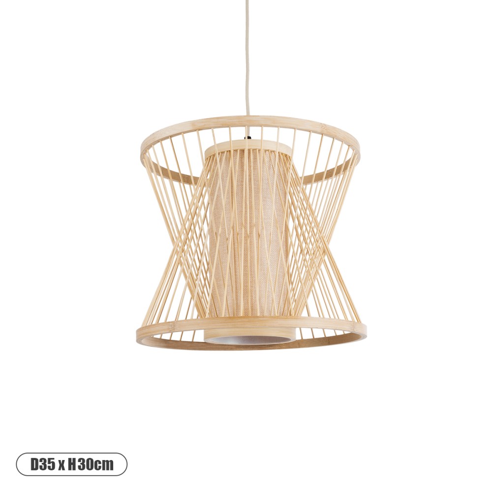 GloboStar® HIBISCUS 01632 Boho Κρεμαστό Φωτιστικό Καπέλο Μονόφωτο 1 x E27 IP20 Μπεζ Ξύλο - Μ35 x Π35 x Y30cm