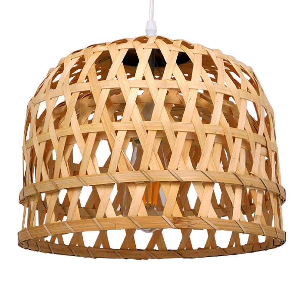 GloboStar® MANGEA 01634 Boho Κρεμαστό Φωτιστικό Καμπάνα Μονόφωτο 1 x E27 IP20 Μπεζ Ξύλο - Μ32 x Π32 x Υ30cm