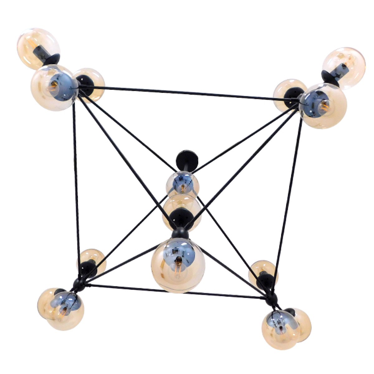 GloboStar® SENTINEL 01637 Μοντέρνο Φωτιστικό Οροφής Πλέγμα Πολύφωτο 15 x E27 IP20 Μαύρο Μέταλλο με μελί Γυαλί - Μ150 x Π150 x Υ115cm